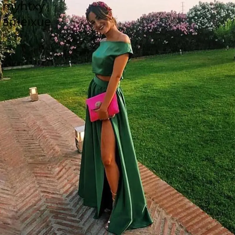 One Shoulder Forest Green Sexy Custom Two Pieces Evening Dresses Front Split Satin Floor Length Party Gowns Robe De Soiree | Свадьбы и