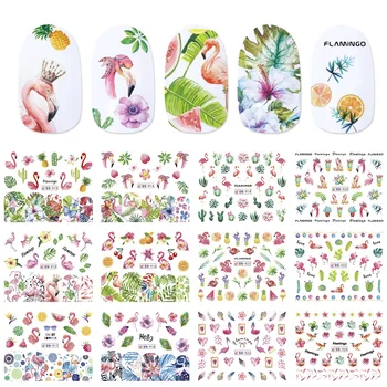 

12 Styles Summer Jungle Series Nail Water Decals Flamingo Fruit Flower Pattern Watermark Nail Art Sticker Decoration 913-924