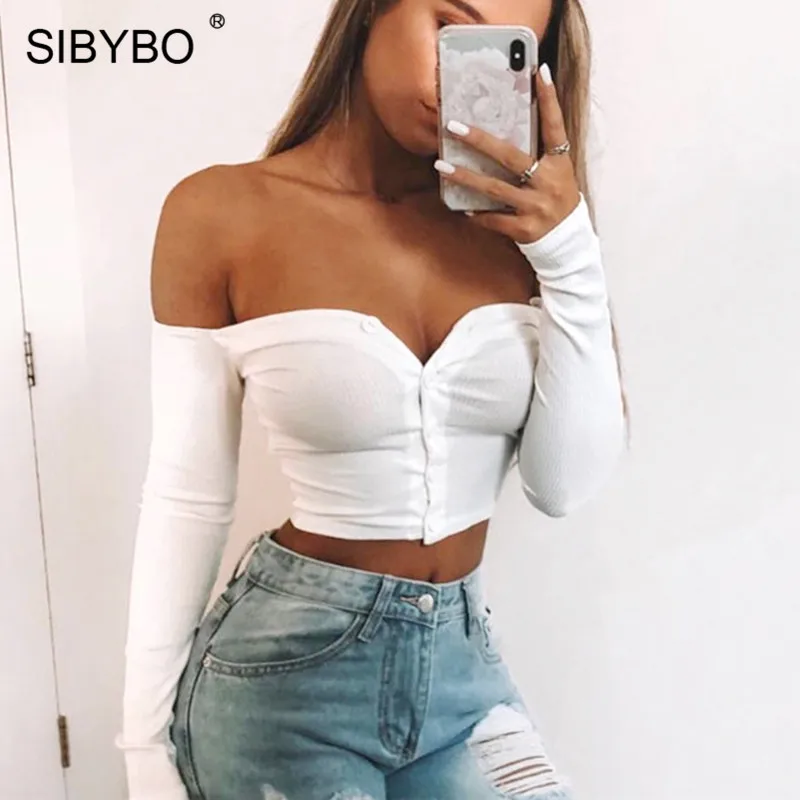 Женский короткий топ Sibybo с длинным рукавом и вырезом лодочкой|Футболки| |