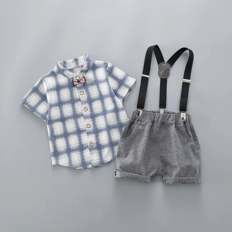 

New summer handsome boys suits Children's fashion plaid short-sleeved shirt T-shirt +Bib pants Sets 2 pieces Baby boy clothing