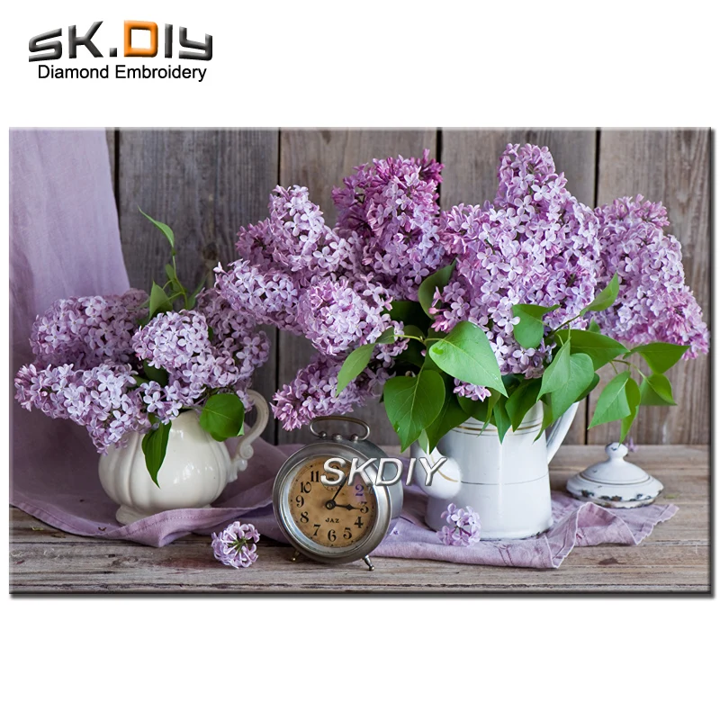SK DIY 5D diamond mosaic Lilac Clock Vase diamond painting picture of diamond pattern rhinestone for needlework decoration 2018 (1)