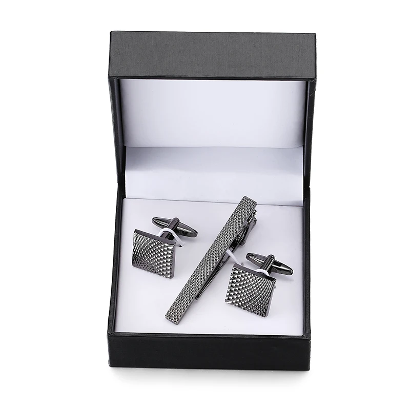 

WN A set of high-end brand hand carved square black tie clip Cufflinks men French Cufflinks tie clip box set free shipping