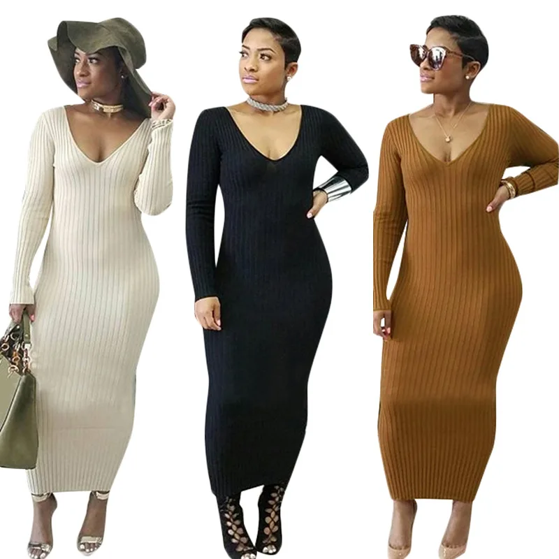 

Women Dress Sexy V-neck Bodycon Pencil Off-Shoulder Dresses Long Sleeve Vintage Maxi Party Vestidos Female Backless Autumn Dress