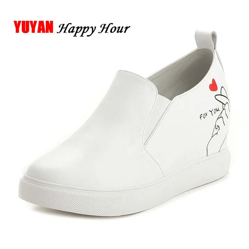 

Genuine Leather Women Height Increasing Shoes Spring Summer Ladies White Sneakers Cowhide Wedge Shoes A1145