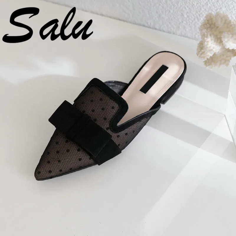 

Salu Summer New Arrival Elegant Slip-on Woman Flats Pointed Toe Genuine Leather Metal Decoration Lady Shoes