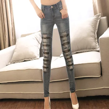

2018 new autumn women skinny Jeans pants low waist elasticity pencil jeans ladies denim pants ripped Jeans 9686
