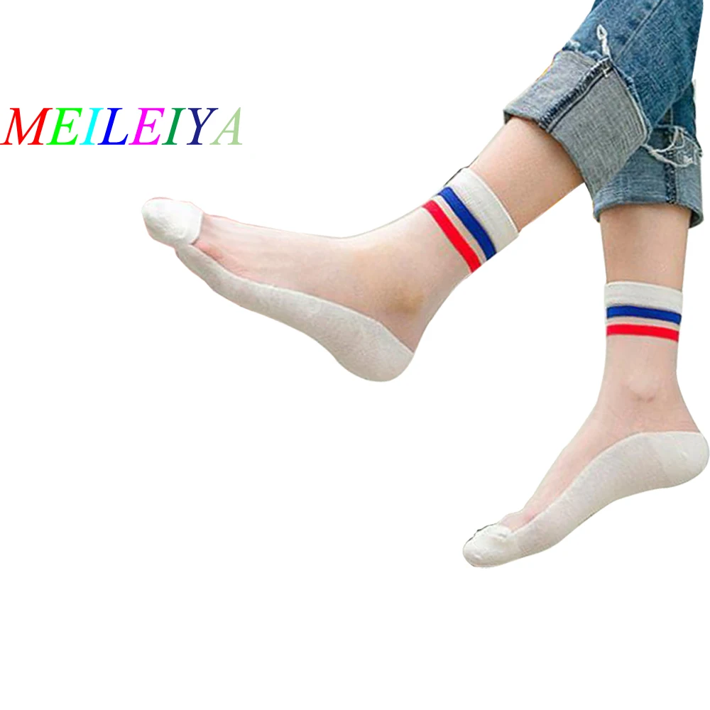 MEILEIYA 10 Pairs=20 Pieces New Summer Glass Silk Socks Ladies Fashion Crystal Rayon Socks High Quality Ladies Breathable Socks