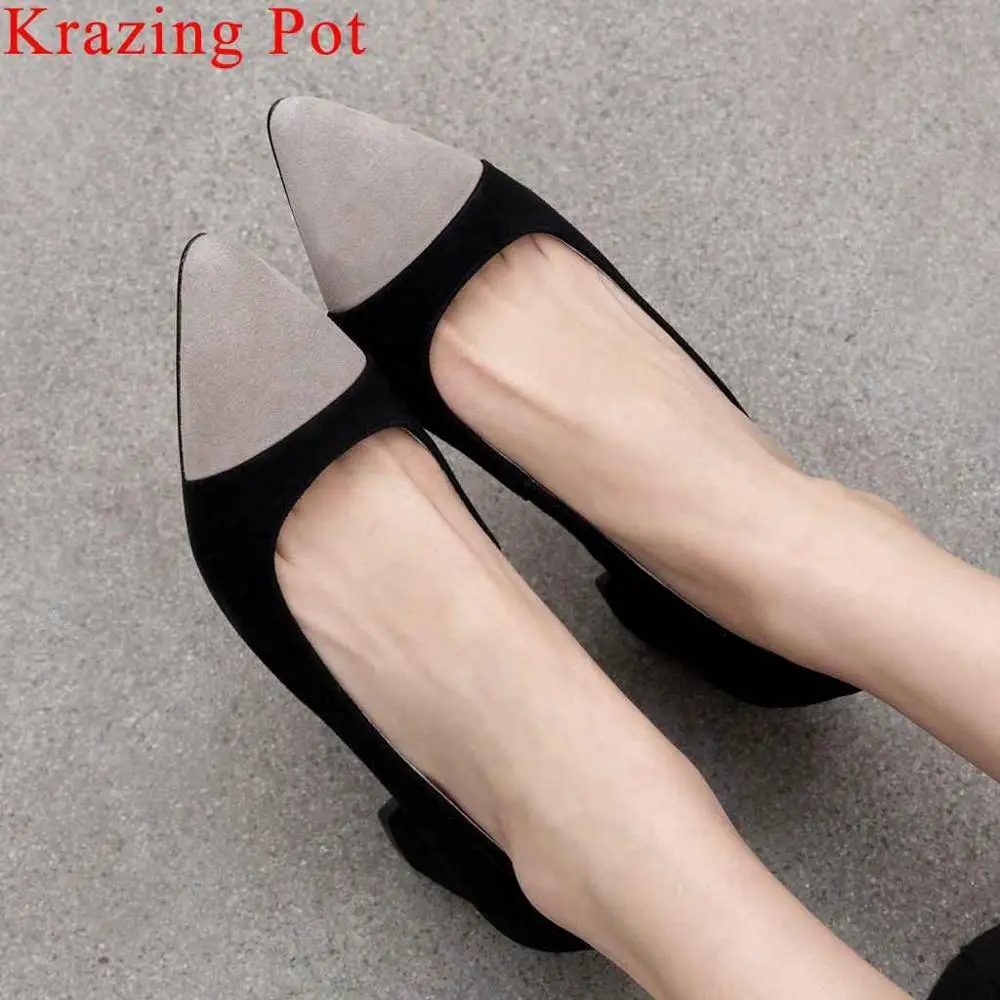 

Krazing Pot mixed colors full grain leather chunky med heels pointed toe women pumps slip on office lady dress suit shoes L5f5
