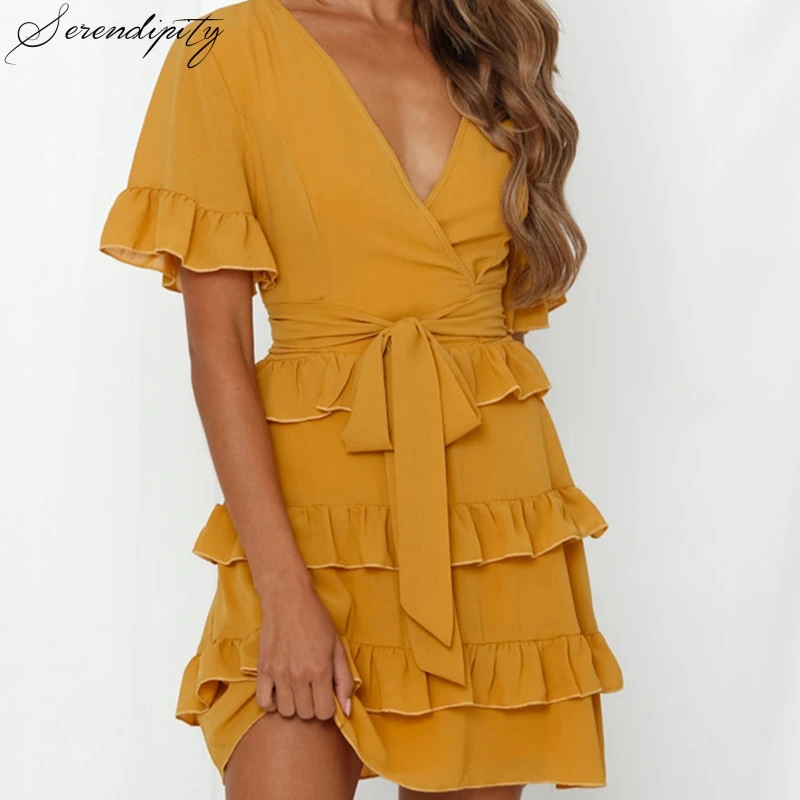 SRDP Boho Ginger V шеи многослойный торт рюшами Crinkle ремень летнее праздничное платье