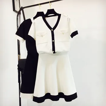 

2018 Runway Design Pocket Short Sleeve Cardigan Coat Mini Skirt Two Piece Set