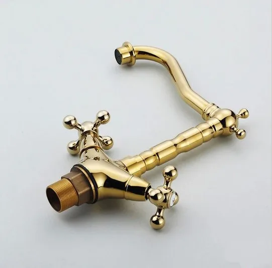 Polished Brass Gold Colors Double Cross Handle Swivel Bathroom Kitchen Sink Vessel Lavatory Faucet Mixer Tap asf096