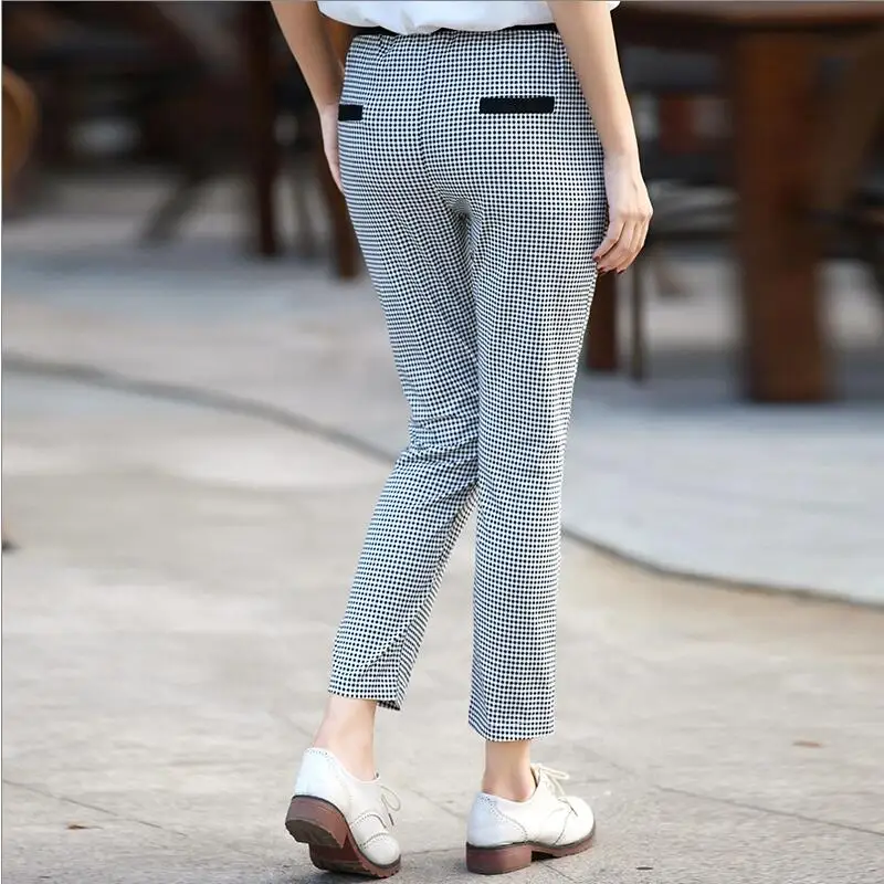 Хорошее качество, летние хлопковые клетчатые брюки для женщин,, модные женские клетчатые брюки с эластичной талией, OL стиль, рабочие брюки, Mujer P48-1