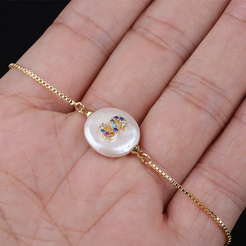 New Arrival Color Gold Micro Pave Rainbow CZ Cubic Zirconia 26 Initials Letter Charm Freshwater Pearl Gold Bracelets For Women - Окраска металла: S