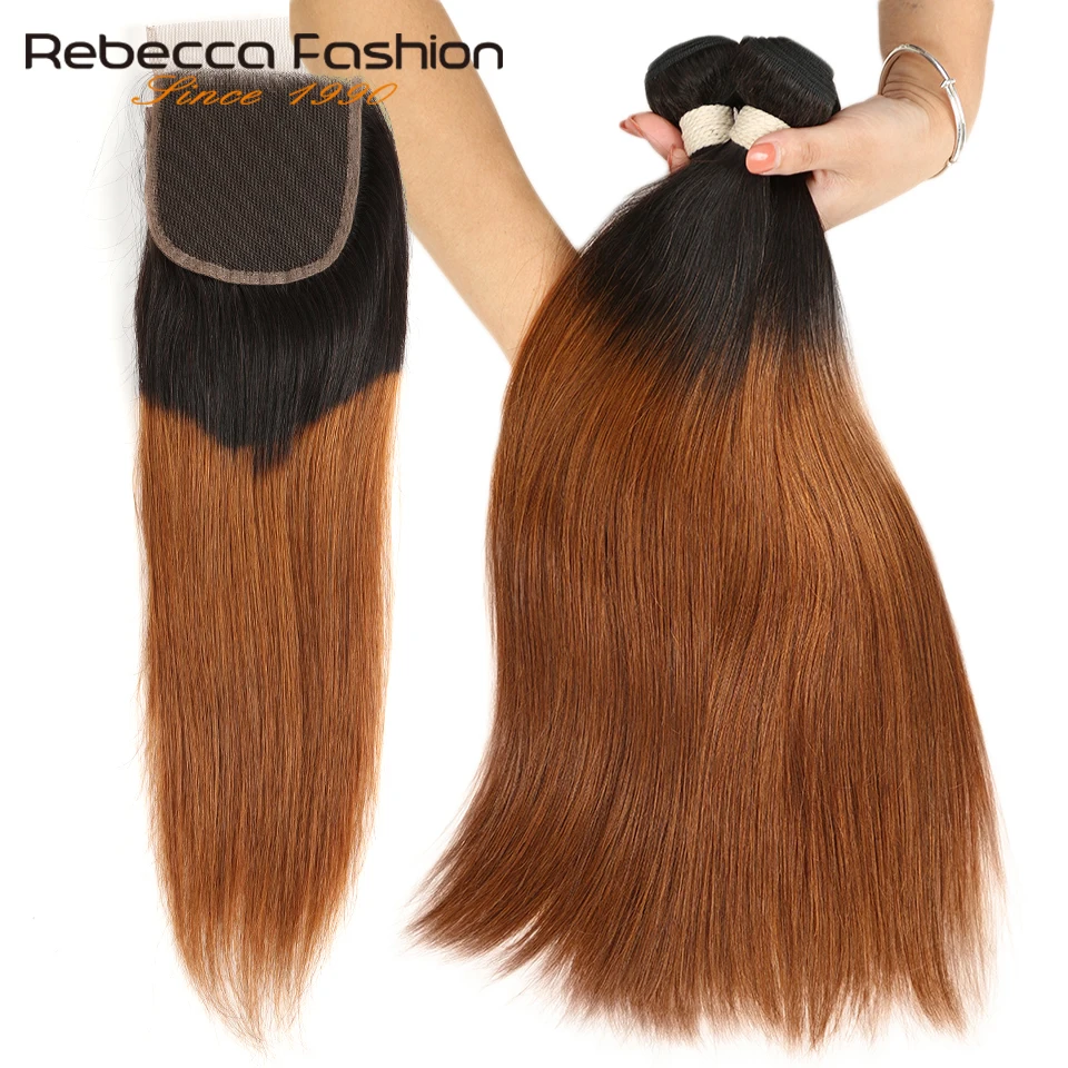 Pacotes de Rebecca Ombre com Fechamento Pacotes com Fechamento Dois Tons 27 30 Cores Cabelo Reto Brasileiro 3 1b - 99j 5 Pacotes com 34 com fecho