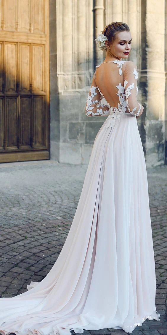 Совок Тюль декольте с длинными рукавами кружева аппликация A-Line свадебное платье с открытой спиной развертки Поезд Иллюзия Robe de marieue