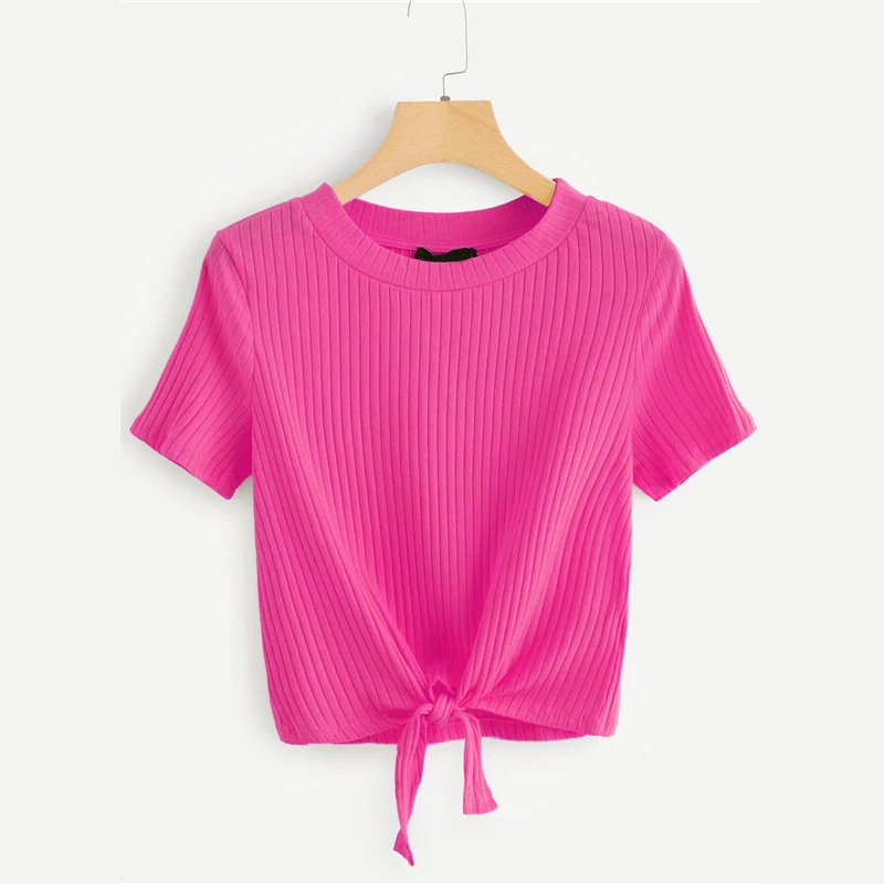 SweatyRocks неоновая цветная футболка с узлом спереди, стильная модная эластичная футболка, летняя повседневная женская желтая футболка и топы