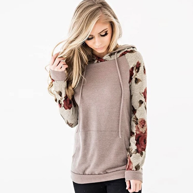 ELSVIOS Patchwork Floral Print Hoodies Sweatshirt Women Long Sleeve Hooded Drawstring Tops Jumper A