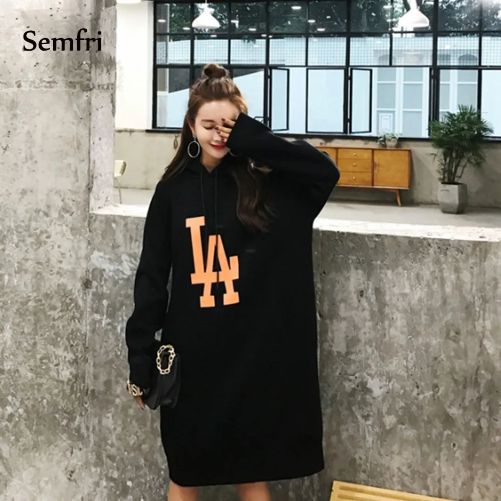 Semfi Black Hoodie Sweatshirt Dress Women Loose Oversized Long Spring Autumn 2019 Casual Print Floral Plus Size Harajuku
