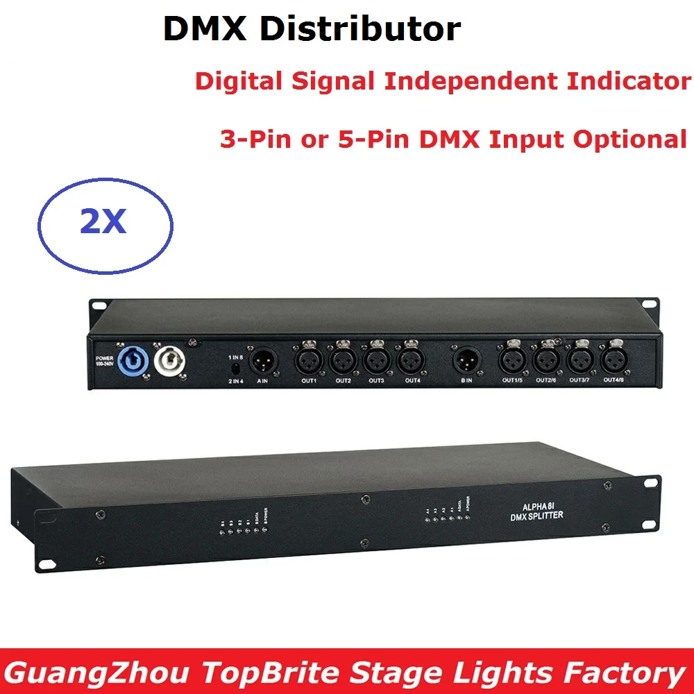 2 единицы разделитель DMX DMX512 свет прожекторов усилитель сигнала Splitter 8 выходов DMX Дистрибьютор 3 PIN/5PIN разъем XLR