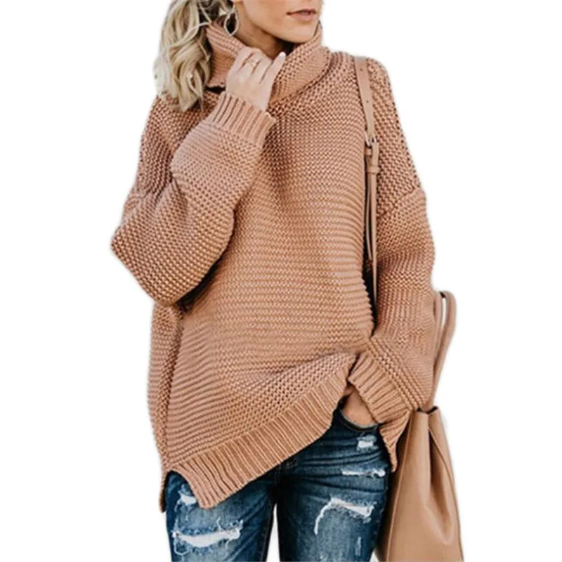 

2019 Women Autumn/winter Knitwear Chunky Sweater Turtleneck Female Pullover Warm Thick Knit Loose Split Sweater For Women E010