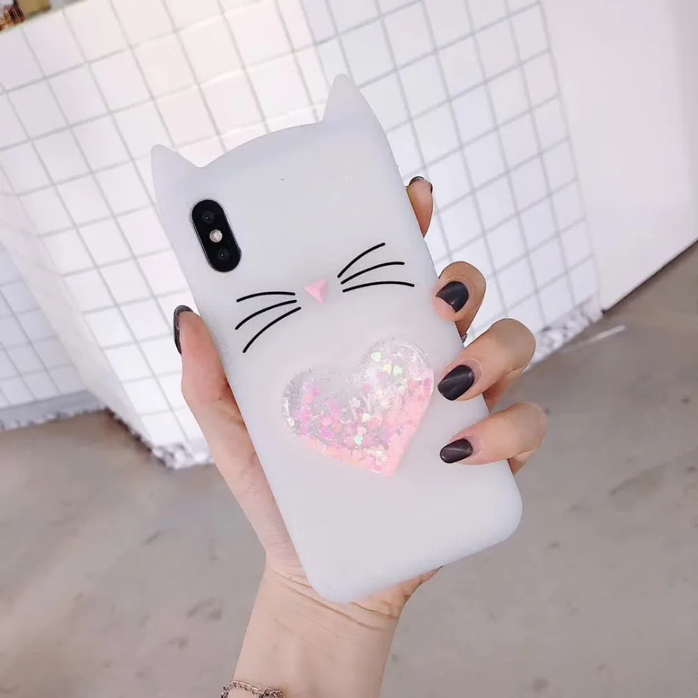 

New 3D Cartoon cute Cat ears Soft Silicone phone Case For iphone 7plus 7 8 8plus X 6 6s plus case Glitter Liquid Quicksand cases