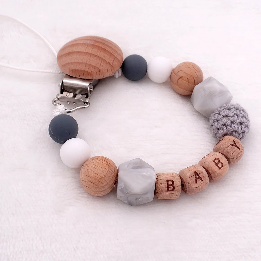 Pacifier Clip Handmade Free Personalized Name Silicone Wood Pacifier Clips Safe Teething Chain Baby Teether Eco-friendly Dummy Clips Holder