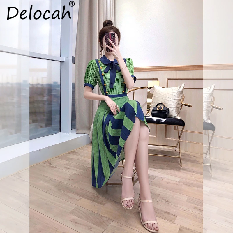 Delocah جديد 2019 النساء الربيع فستان صيفي المدرج مصمم أزياء ربطة القوس فيونكة مطوي نقطة المطبوعة أنيقة خمر عطلة فساتين