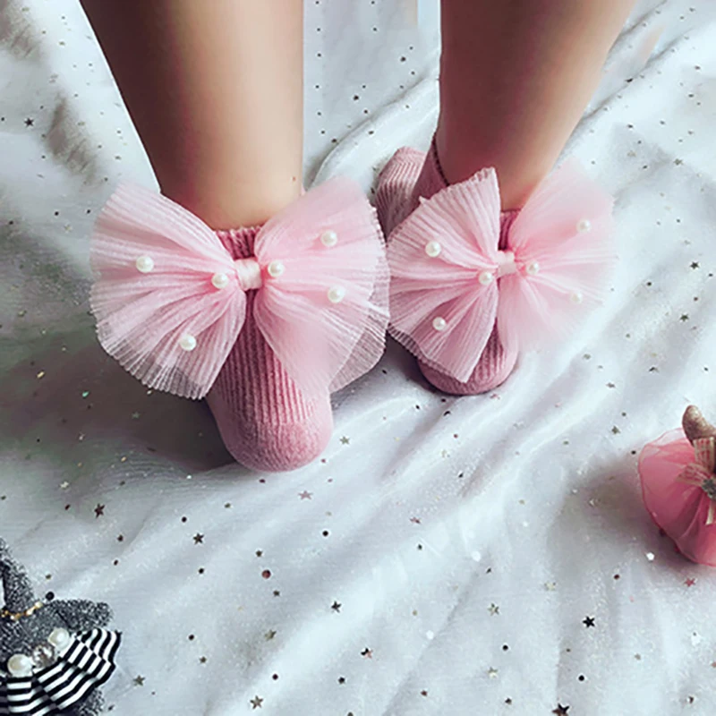 New Baby Girls Socks With Bows Toddlers Infants Cotton Ankle Socks Beading Baby Girls Princess Sock Cute Children Socks new fashion women cotton socks 3d print scenery snowy funny low ankle socks cute summer girls female cotton socks