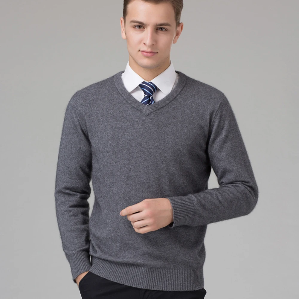Suéter de hombre 100% cachemir y lana de invierno cálido suéteres cuello en V manga larga estándar suéteres hombre Jersey 8 colores Tops - 1