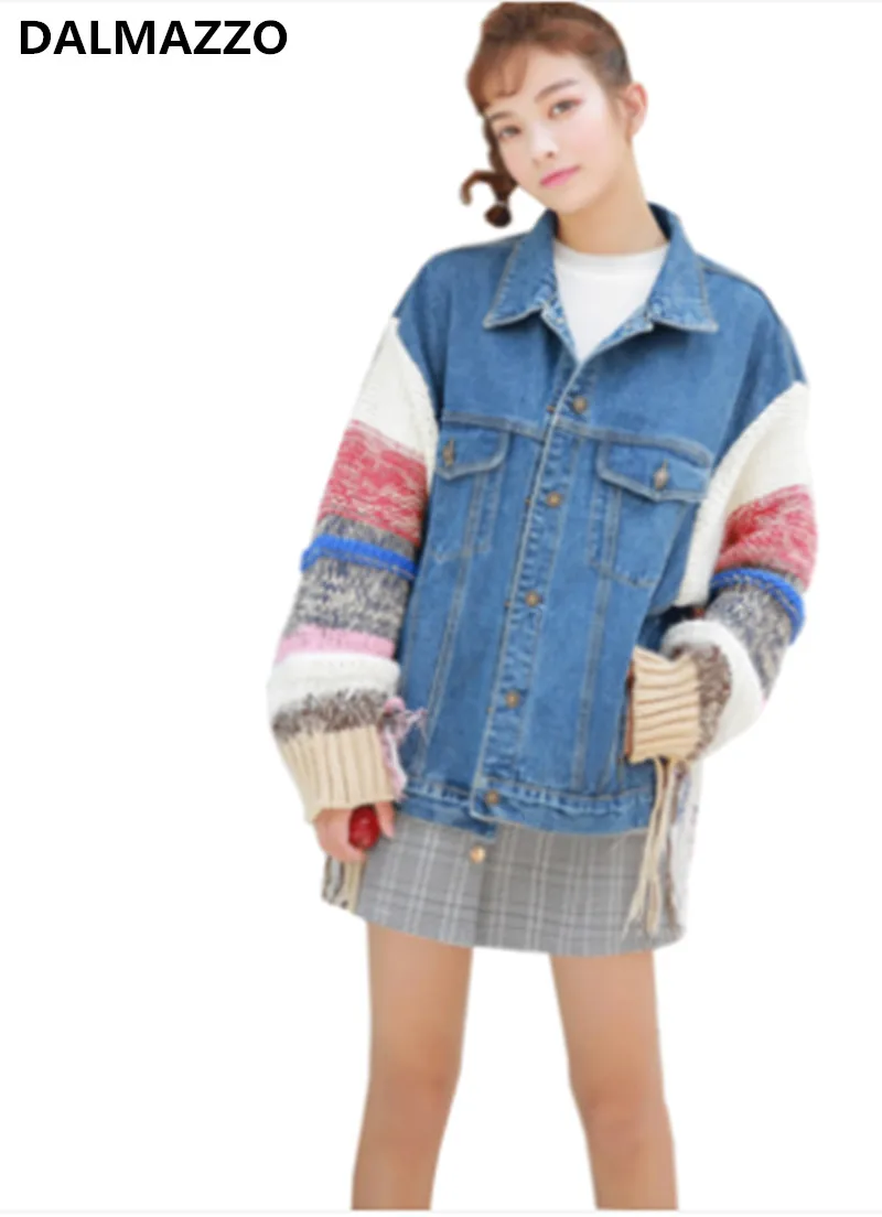 

Women's Runway Designer Knitted Sweaters Long Sleeve Patchwok Tassel Denim Jacket Coat 2019 Autumn Winter Casual Loose Outerwear