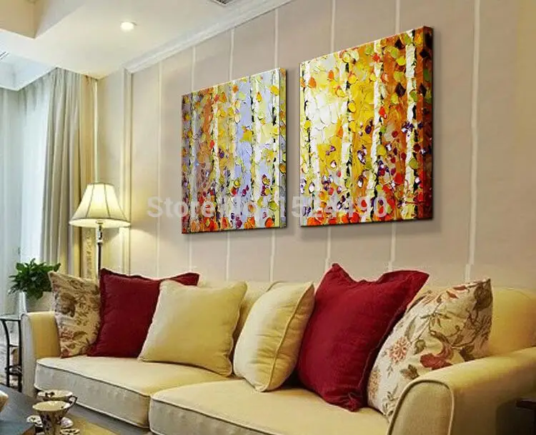 Handpainted Modern Home Decor Painting Living Room Hall Wall Art Picture Thick Colors Tree Autumn Scenery Oil On Canvas In Calligraphy
