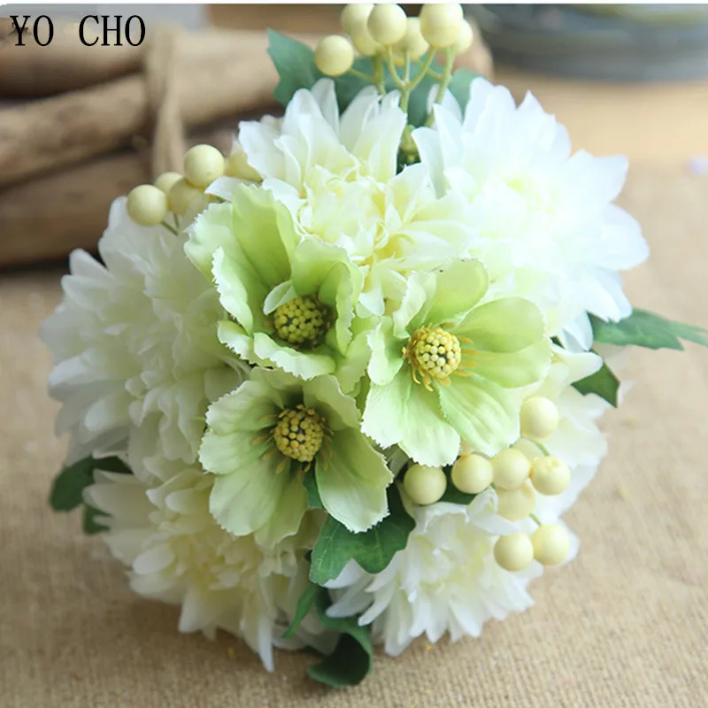 YO CHO Artificial Flowers High Quality Silk Flowers Dahalia Berry Bouquet For Wedding Home Desktop Office Decoration Fake Flower