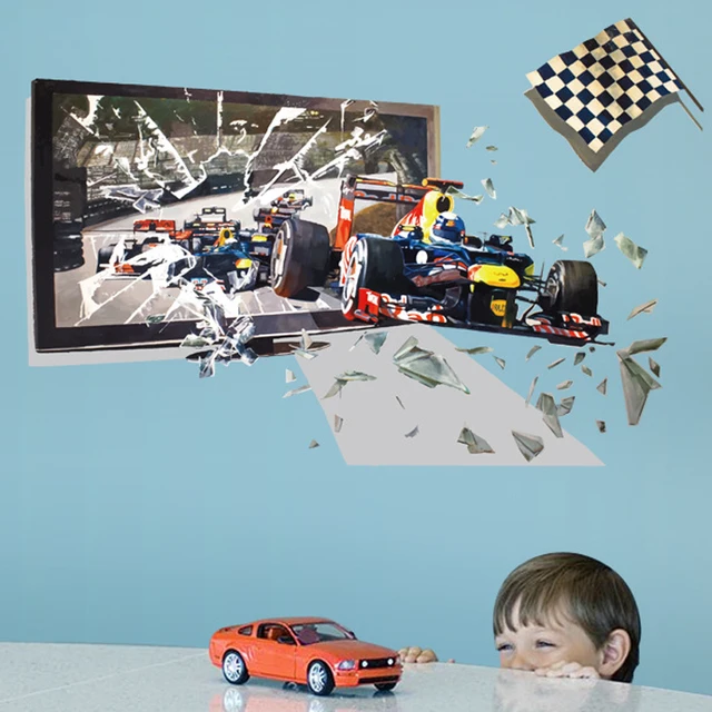 3d Racing Cassé Photo Cadre Course De Voiture Sticker Mural Pour