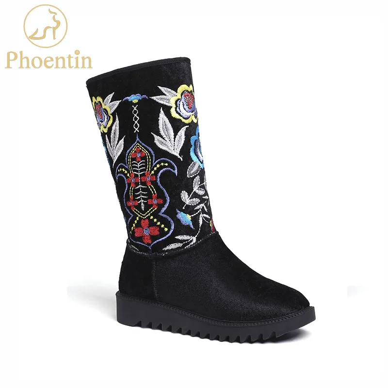 Broder Fleur Bottes Suède 2019 Chaud Ethnique Chaussures Ft556 forme Dame Laine De Nutural D'hiver Vache En Neige Phoentin Femme Noir Plate yNP8nv0wmO