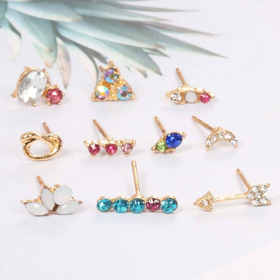 Fashion Round Arrow Moon Flower Earrings Set Earring Stud Crystal Gem Shiny
