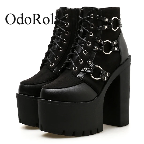 

OdoRola Fashion Motorcycle Boots Women Platform Heels Casual Shoes Lacing Round Toe Shoes Ladies Ankle Boots Autumn Winter Black