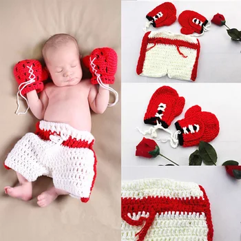 

Newborn photography props boxing gloves shorts infant photo fotografia accessories crochet toddler boy girl studio shoot costume