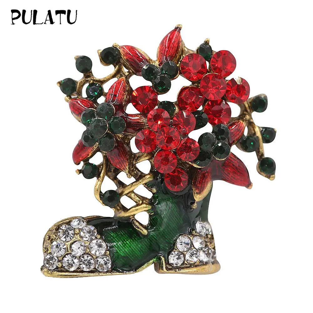 

PULATU Christmas Decoration Brooches for Women Red Crystal Flower Enamel Shoes Metal Accessories Brooch Pins Female Coat Jewelry
