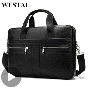 Westal Shoulder Messenger Women Men Bag Genuine Leather Briefcase For Document Handbag Business Male Female Laptop A4 Portafolio mva male briefcase genuine leather handbag business men bags for document messenger bag men shoulder leather laptop briefcase