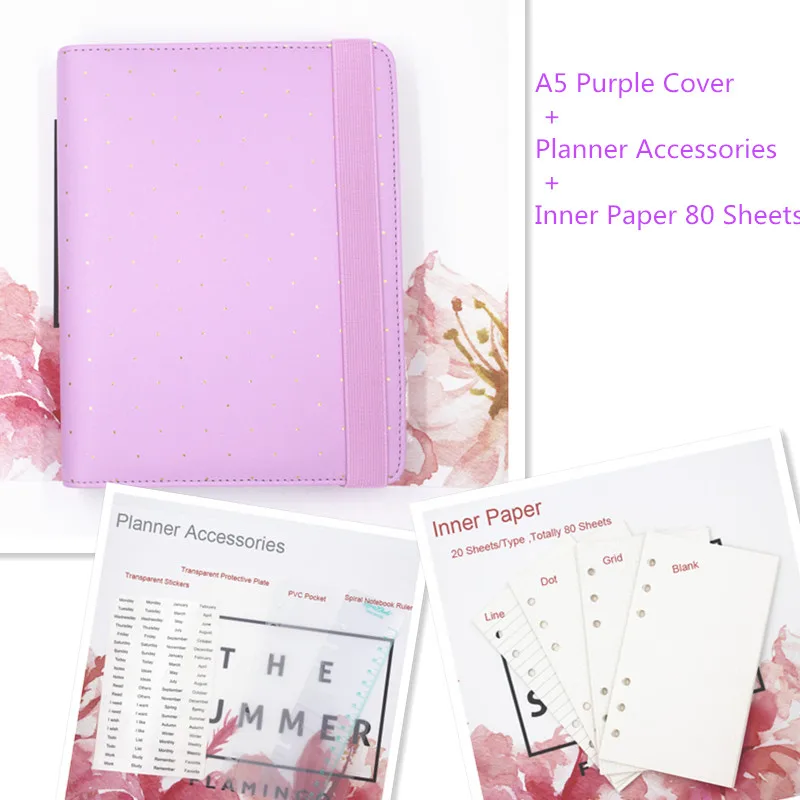 Lovedoki кожаный спиральный блокнот Bullet Journal Diary A5 A6, органайзер на резинке, офисные школьные принадлежности, канцелярские товары - Цвет: A5 Purple set