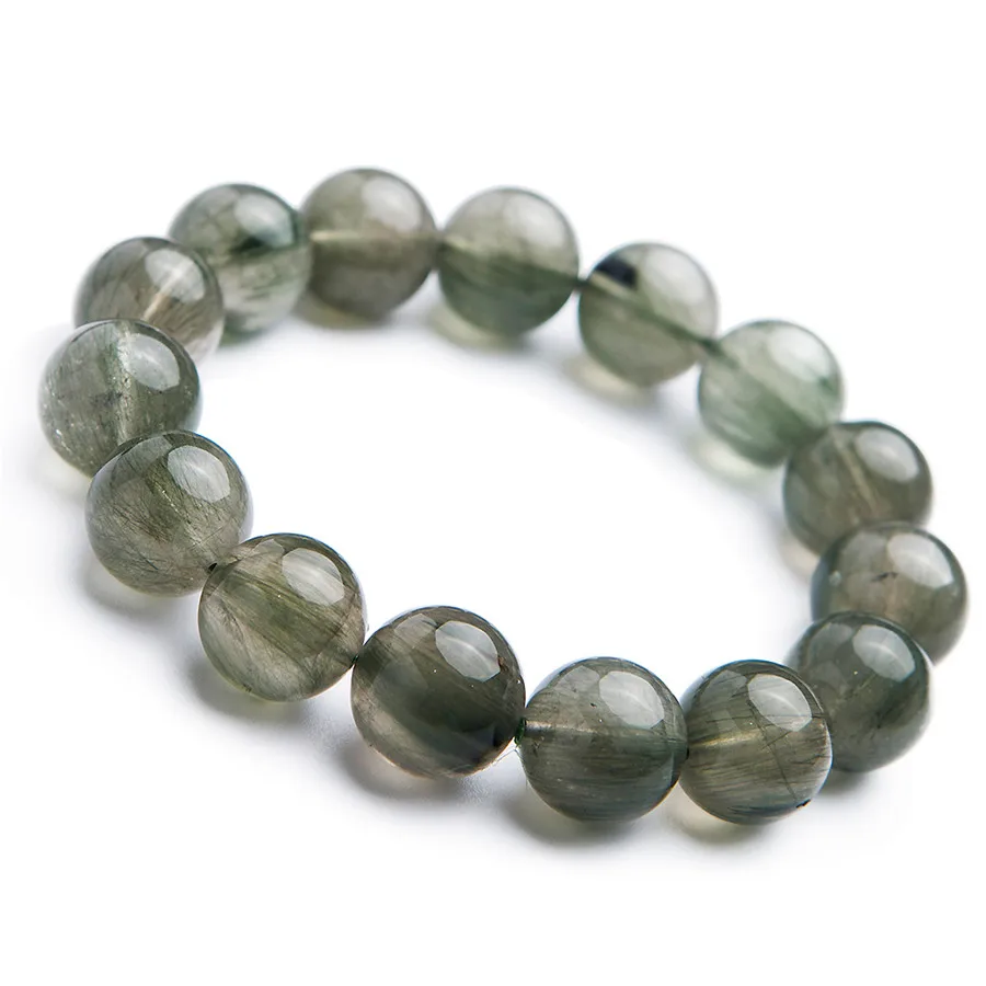 

14mm Genuine Green Natural Rutilated Quartz Bracelets Women Men Stretch Rutilated Quartz Crystal Round Bead Power Bracelet
