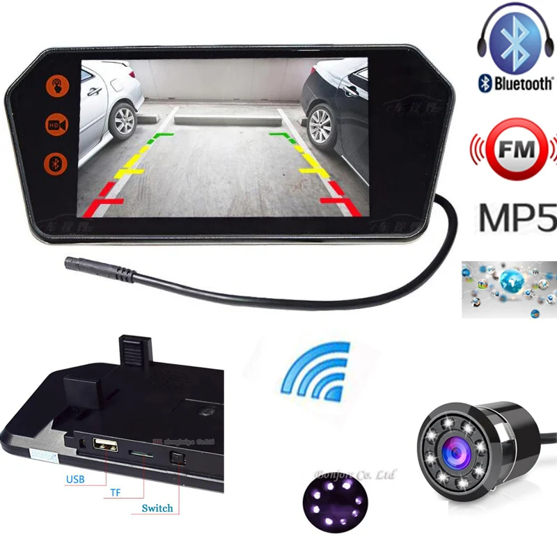 

2018 Newest Parking Wireless Car rear view camera 8 IR Reversing & Car Monitor Mirror 1024*600 Bluetooth FM MP5 Display Digital