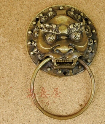 

B0601 320Chinese Folk Feng Shui Old Bronze Copper Foo Fu Dog Lion Head Door Knocker