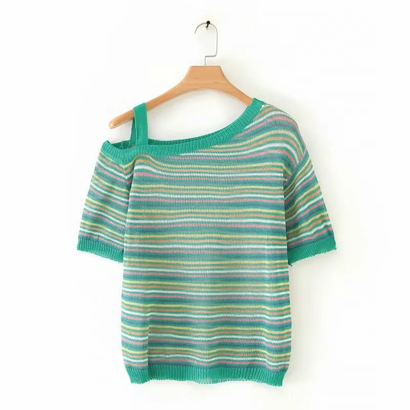 

European and American fashion YD25-8886 stripes one shoulder short sleeve blouse