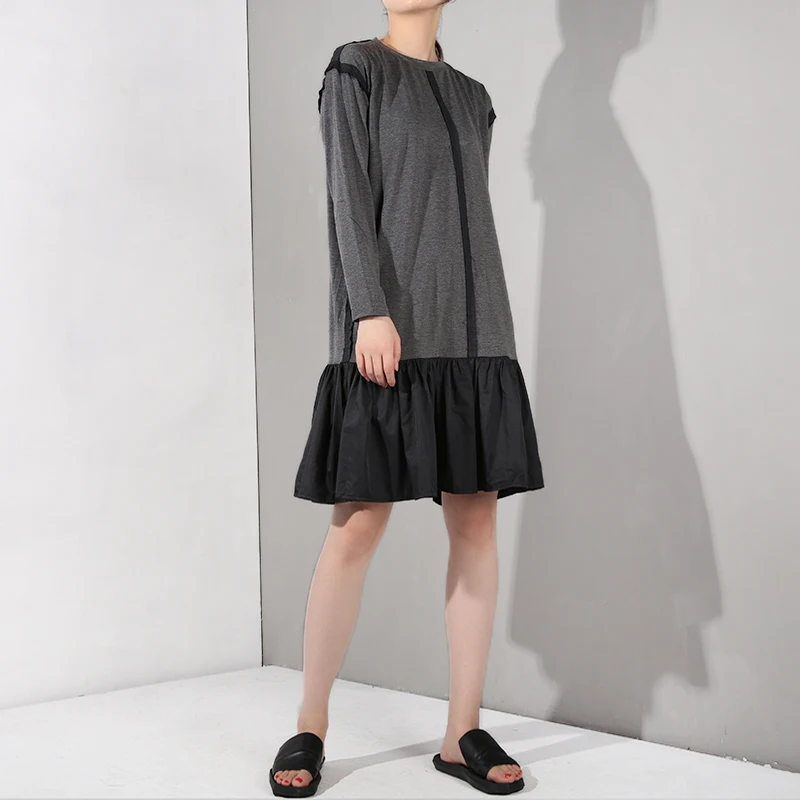 

[EAM] 2019 New Autumn Winter Round Neck Long Sleeve Hit Color Pleated Split Joint Temperament Dress Women Fashion Tide YF79001