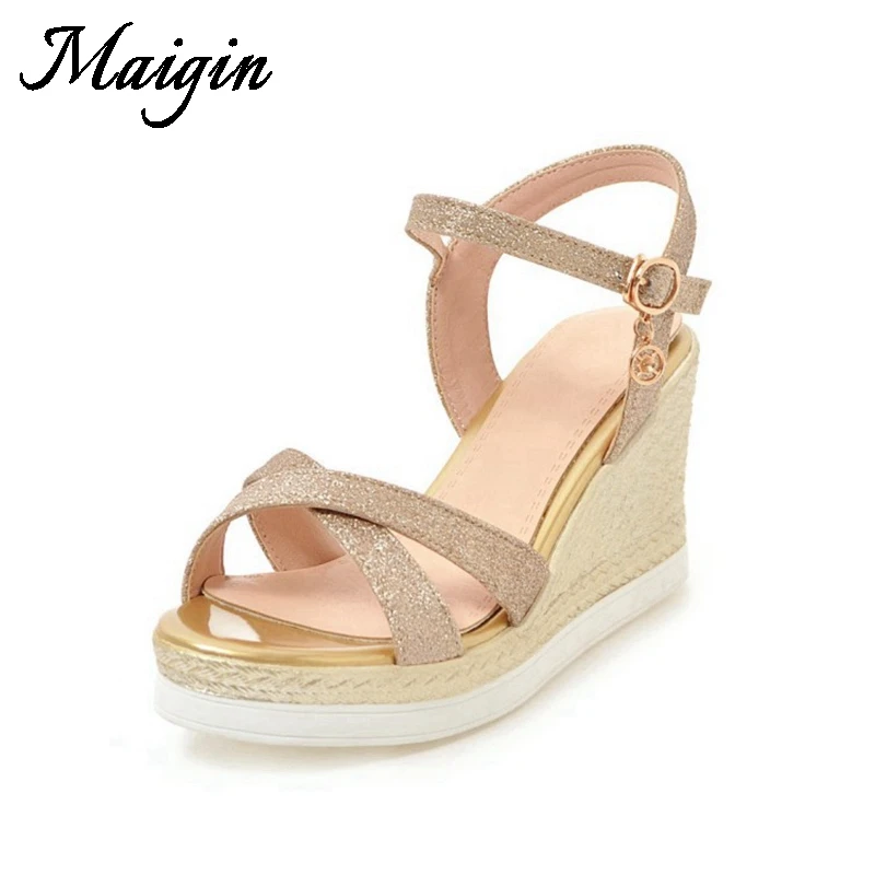 Maigin Golden Wedge Sandals 2018 New Summer High Heels Platform Sandals Buckle Strap Footwear Woman Female Casual Shoes