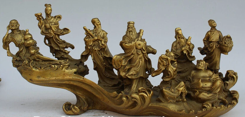 

208@g++12" Chinese Folk Brass Myth Eight Immortals 8 God Cross Sea Arhat Belle Statue