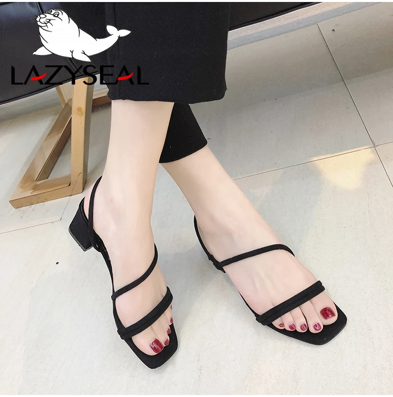 LazySeal/обувь женские босоножки модные женские летние замшевые туфли высокого качества на квадратном каблуке с открытым носком и ремешком с пряжкой; большой размер 44