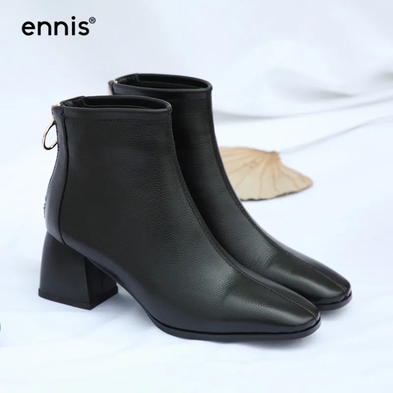 

ENNIS 2019 NEW Women Thick Heel Ankle Boots Genuine Leather Back Zip Boots Black Shoes Autumn Chunky High Heel Short Boots A883