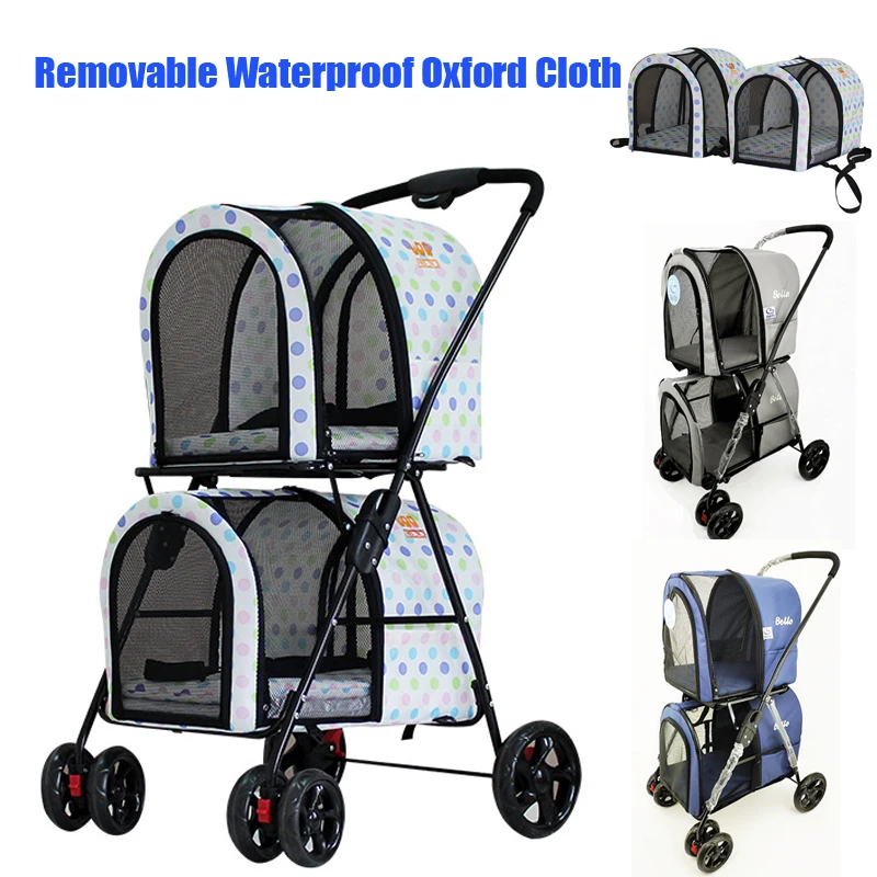 Lightweight folding double pet stroller Removable big dog big space trolley 4wheel travel cage
